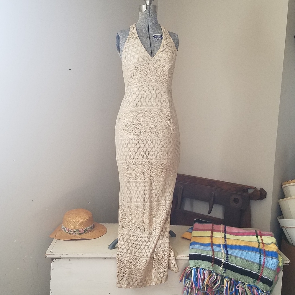 Elegant tan and gold evening dress.